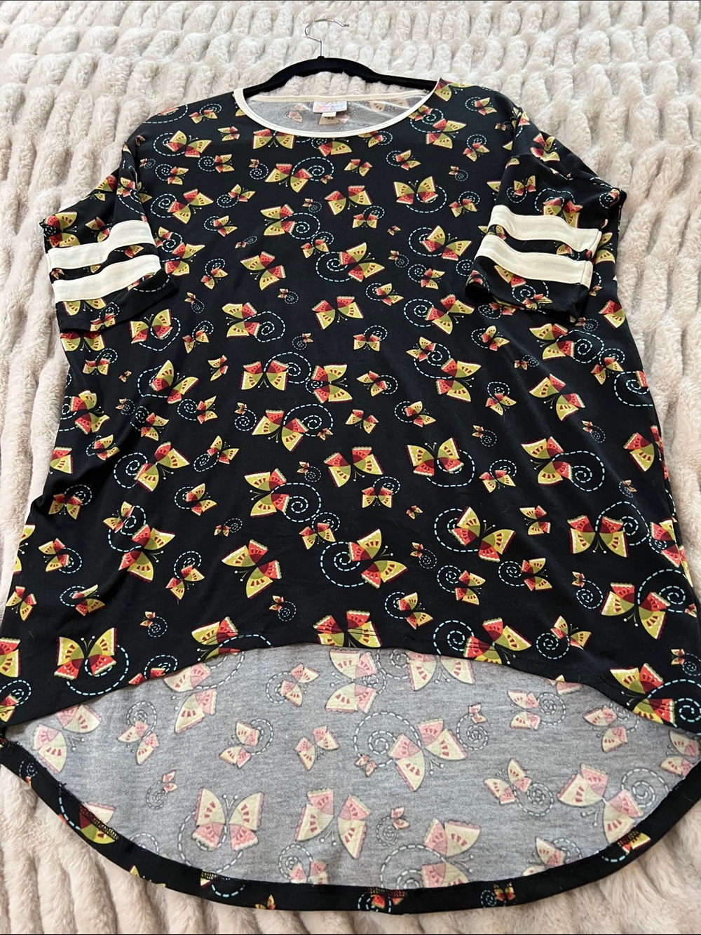 LuLaRoe Black Short Sleeve Top with Yellow and Red Butterfly Print